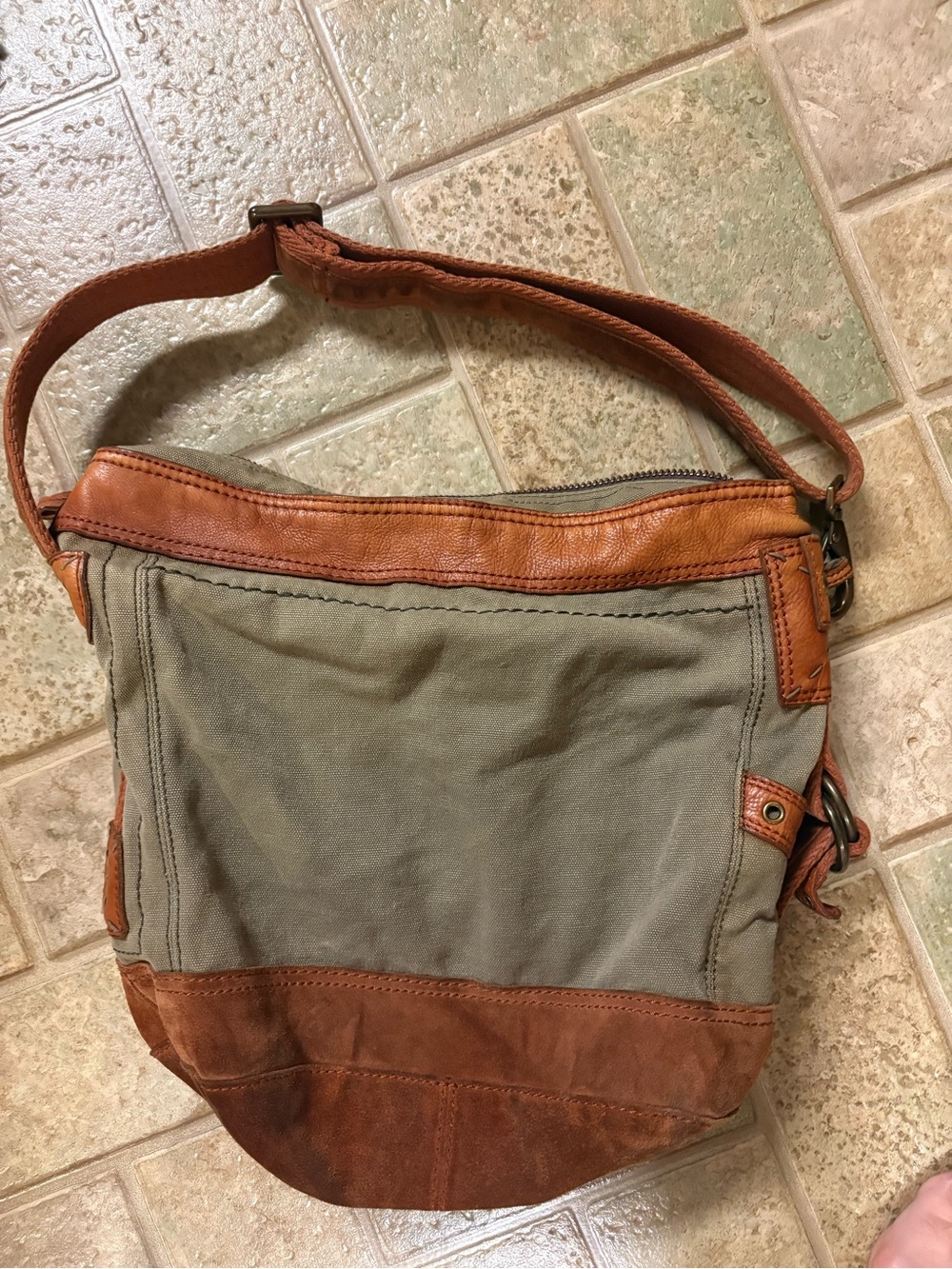 Lucky Brand Olive Canvas and Brown Leather Crossbody Satchel
